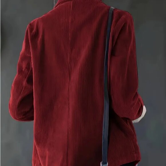 Deep Red Corduroy Buttoned Blazer Jacket With Pockets - Picture 2 of 4